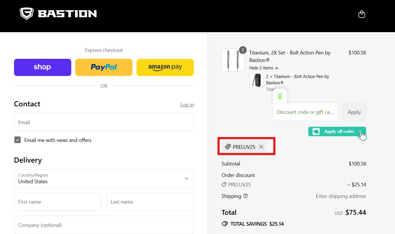 Use Discount Code PRELUV25 for 25% OFF Sitewide at bastionboltactionpen.com